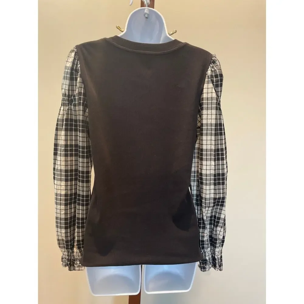 LOFT Black Knit Top Size M Plaid Puff Sleeves Cotton Blend Stretch